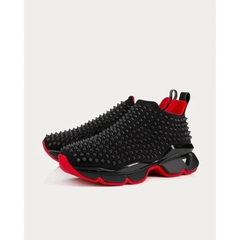 Christian Louboutin Neoprene Black Spike Sock Slip-On Sneakers Red Sole EU 38